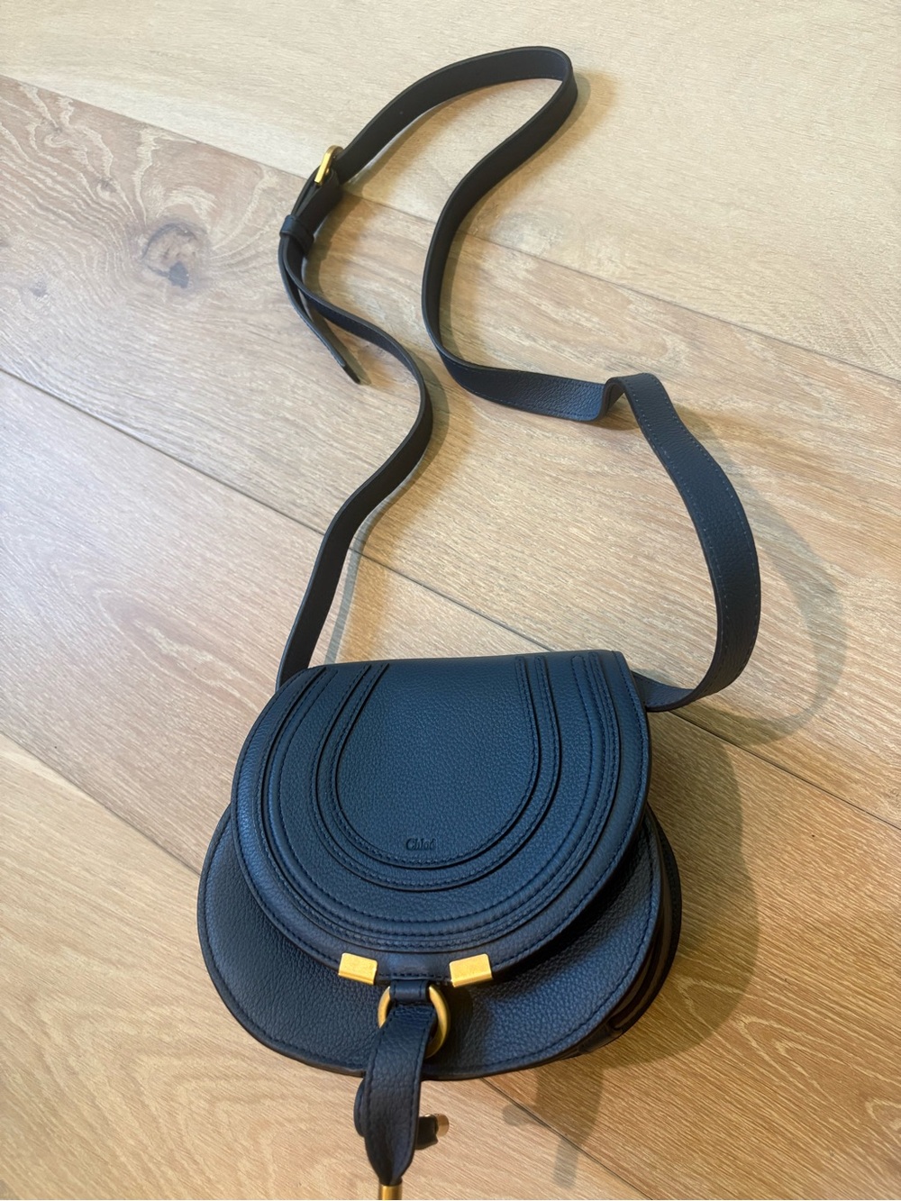 Chloe Navy Leather Saddle Crossbody with Gold Hardware